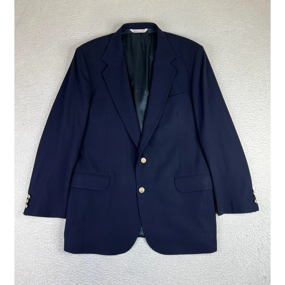 Stafford Blazer Mens 43 Long Navy Blue 100% Wool Gold Buttons Sport Coat USA